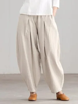 2023 Летни дамски прости ежедневни Памучни конопляные широки панталони Harlan с еластична гумена лента за кръста, спортни панталони големи размери, панталони-карго за жени