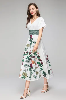 2023 Лятна мода, дизайн винтажное женствена рокля с флорални принтом в романтичен стил, с V-образно деколте, Къс ръкав, еластичен колан, Midi-рокля