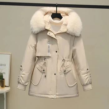 2023 Нова зимно яке, дамски модни паркове средна дължина с качулка и кожа яка, плюс кадифе топло палто дамско палто на лигавицата, жена