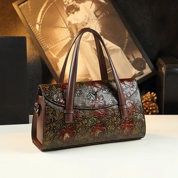 2023 Нови модни дамски чанти с цветя, дамска чанта за през рамото от естествена кожа с голям капацитет, чанта за майките, Бостонские чанти за майки.