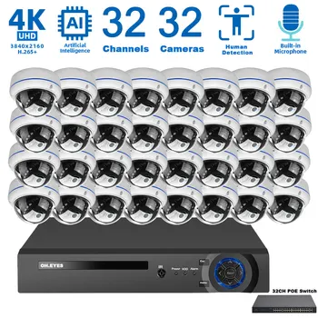 32-Канална Система за Видеонаблюдение Outdoor Indoor Metal 4K POE IP Куполни Security Camera Set Audio 8MP XMEYE NVR Комплект за Видеонаблюдение 16CH