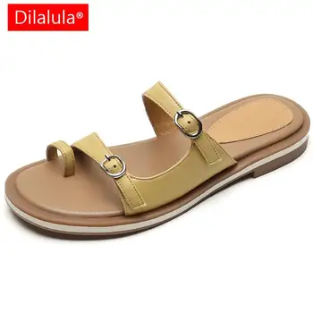 Dilalula Удобни ежедневни дамски сандали на ниско ток, чехли от естествена кожа, Модни дамски обувки с катарама, Лято 2023, Ново записване