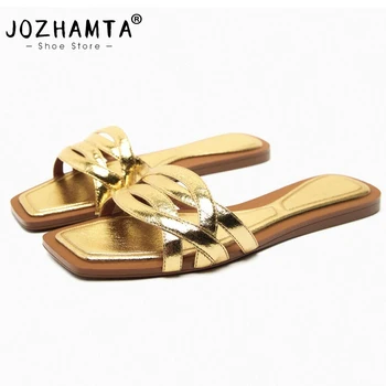 JOZHAMTA Размер 34-42, дамски сандали от естествена кожа за ежедневна чорапи, обувки на ниски токчета За жени, Летни чехли 2023, Модни домашни чехли