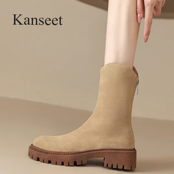 Kanseet/ Дамски обувки до средата на прасците; сезон есен-зима; Нови удобни черни обувки от естествена кожа на среден ток с дебелина 5 см; Размери 40