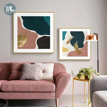 Абстрактни геометрични картини върху платно цветове Моранди, плакат от златно фолио, стенни рисунки върху платно, начало декор за хола