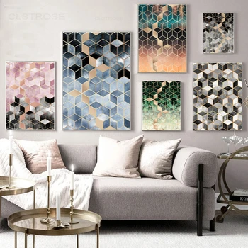 Акварел геометричен плакат в скандинавски стил, Абстрактни квадрата плочки, платно, живопис, съвременно декорация на дома, стенни рисунки за спални