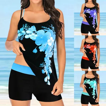 Голям женски комплект на бански с цифрово принтом бикини, Плажни двойни бански костюми на подтяжках, комплект танкини