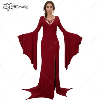 Готическа на Макси рокля Meowcos в ретро стил Вещици с дълбоко V-образно деколте и висока цепка отстрани, рокля с дълги ръкави, костюми за cosplay