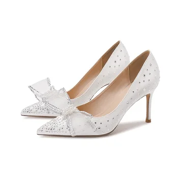 Дамски Бели Сватбени обувки на висок ток 2023, Летни Обувки с кристали, Остри шипове