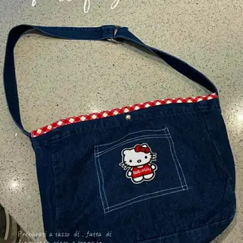 Дънкови чанта Hello Kitty в ретро стил с анимационни модел Sanrio, преносим холщовая чанта, Дамска Есенно-зимна Универсална чанта-месинджър, подарък от аниме