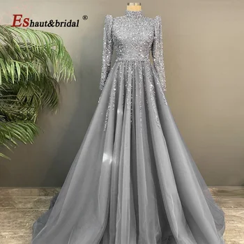 Елегантна мюсюлманската вечерна рокля за жените 2023 с високо воротом и дълги ръкави, мъниста Emy, големи размери, рокли за абитуриентски и сватбени партита