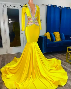 Елегантни жълти абитуриентски рокли с дълъг ръкав, бродирани сребро мъниста, за партита, сватбени и вечерни четката, секси рокля-русалка за официални събития, халат за баня