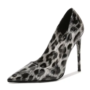 Есенни пикантни леопардовые дамски обувки на висок ток 12 см, елегантен офис обувки-лодки, дамски луксозни обувки-самотници с остри пръсти и животните принтом