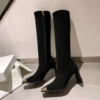 Кожени ботуши до коляното с метална квадратна пръсти със специална форма и еластични Тънки дамски обувки на матово покритие с цип и секси дамски обувки