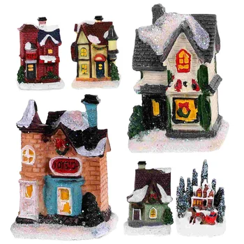 Коледна Къща-Вила, 6шт Led Коледни Къщи Снежна на Селото От Смола, Светлинен Къща, Коледни Светещи Замък, Къща, Фигурки, Маса