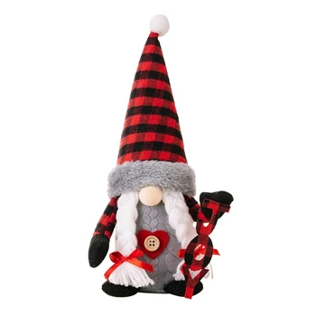 Коледна украса Коледна клетчатая шапка Фигурка Стои Елф с азбука в червено и черна клетка
