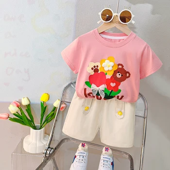 Комплекти детски дрехи за малки момичета Тениска с цветен модел Шорти 2023 Летни дрехи за деца Детски спортни дрехи с анимационни герои