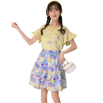 Летен комплект дрехи за момичета, Памучен детски дрехи, фланелка с ръкави във формата на листа на Лотос + пола, Детски дрехи от 3 до 12 години, Костюм с цветен модел за момичета