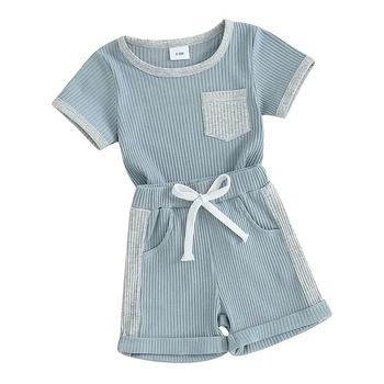 Летни дрехи за новородени момчета, риза райе с къс ръкав, Блузи с контрастиращ цвят, памучни шорти в рубчик, комплект