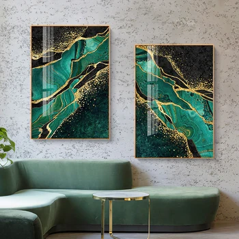 Луксозен плакат в рамка от зелени златно фолио, Агатовая линия, на съвременното абстрактно изкуство, печат върху платно, Стенен декор, Домашни щампи
