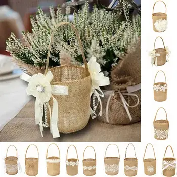 Малка сватбената чанта за съхранение от зебло, Селски преносима с дръжка, завързана джоб за висящи цветя, Реколта кошница за цветя от зебло, Бонбони