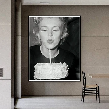 Мерилин Монро Торта за рождения Ден на Черно-Бяла Снимка Платно Картина на Стенно Изкуство Плакат Украса Модел Декор за Хола、