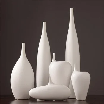 Минимализъм Бяла керамична ваза с Украса на масата Изкуствени цветя саксии за Цветя Творчески Порцеланови вази с тесен провлак
