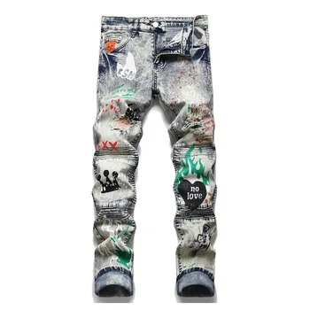 Модерен Хип-хоп Скъсани Выстиранные дънкови панталони Мъжки Harakuju Градинска облекло Дънкови панталони с принтом в стил пънк