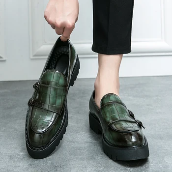Модни кожени обувки луксозна марка за мъже, ежедневни офис обувки на платформа без застежек с кръгло бомбе на дебела подметка, Официалната обувки на платформа на дебела подметка