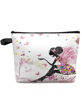 Мультяшная пеперуда, цвете фея, розово-бяла косметичка по поръчка, Преносим чанта за съхранение на грим, женски водоустойчив молив случай