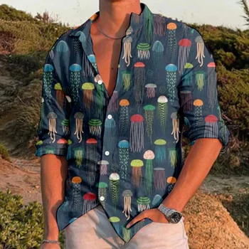 Мъжка риза Есен С дълги ръкави И принтом Светещи Медузи Хавайски ризи Ретро Реколта Градинска дрехи, Блуза, копчета Ризата Ropa Hombre