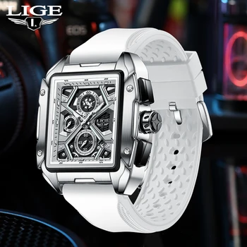 Мъжки часовник LIGE Мода, луксозни силиконови Квадратни Кухи Водоустойчив Светещи кварцови часовници за мъже, военни Ежедневни Relogios Masculino