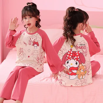 Нова Детска Пижама Kawaii Sanrioed Cinnamoroll Kuromi Melody, Демисезонная Детска Пижама С дълги ръкави и Шарките на Аниме, Домашно Облекло
