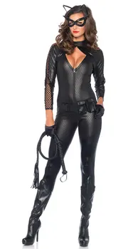 Нова разпродажба на дрехи за cosplay, женски секси спортен монтиране гащеризон от изкуствена кожа с цип, костюм на Жената-котка за cosplay на Хелоуин