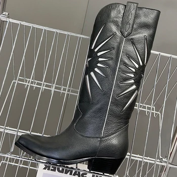 Нови дамски дълги ботуши Есен 2023, Уникален дизайн на върха, увеличаване на растежа престрелки ботуши от естествена кожа, дамски обувки