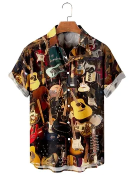 Нови хавайски ризи guitars 2023, летни плажни ризи с 3D-принтом, ежедневни реколта дрехи, дамски блуза с ревери, однотонная риза