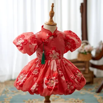 Новите червени рокли за момичета в китайски стил kawaii, детски костюм, рокля за кръщение за рожден ден за малки момичета, детски рокля