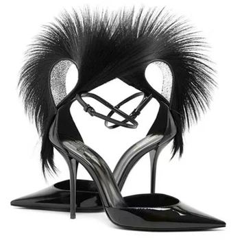 Палав женски банкетни обувки на висок ток с остър пръсти от конски косъм, черни сандали с каишка на щиколотке, женски обувки на токчета от лачена кожа с покритие