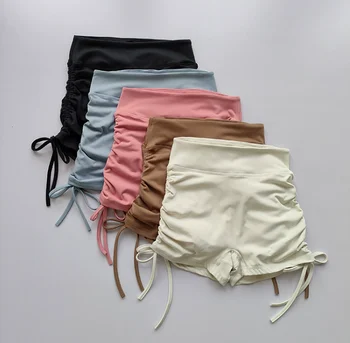 Секси шорти за фитнес с висока талия и завязками дантела прозорци, бързо съхнещи панталони-тройка за джогинг, женски хълбоци прасковен цвят на цвят,