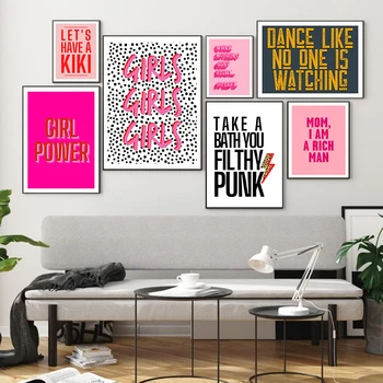 Скандинавски абстрактен плакат, картина върху платно стил Разхвърлян боклук, стенно изкуство, Розови картинки с надпис Girl Power за всекидневната, модерни декоративни елементи