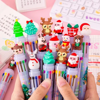Скъпа мультяшная Коледна химикалка химикалка С Коледа, Десятицветная химикалка химикалка, креативна многоцветен канцелярская дръжка-дневник за