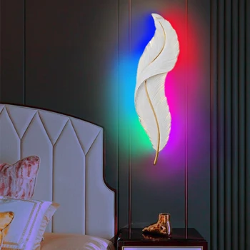 Стенен лампа Nordic Feather RGB за прикроватной нощни шкафчета, спалня, баня, декор, бяла дистанционно управление, led монтиране на светлина RGB Feather за вътрешно осветление