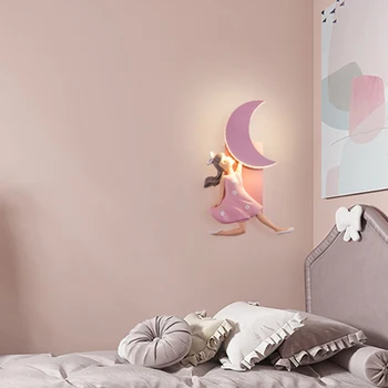 Стенни лампи за розови момичета, Мультяшная креативна лампа на Луната астронавти, просто топла стая принцеса, Детска стая, Интериор на детската стая, стенни осветителни тела