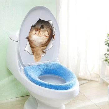 Стикери за стена тоалетна с анимационни котка за баня, стикери за декор на пералната стая, Самозалепващи се декорации за вашия интериор, тоалетна