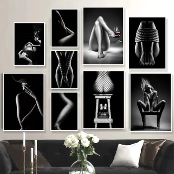 Съвременната мода Черно-Бял Секси копринени чорапи Жена Индивидуалност Снимки Без цензура Картина върху платно, с монтиран на стената художествен плакат Декорация на дома