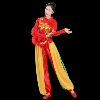 Танц с барабана на талията в китайски стил, квадратен танци, облекло Янко, сценичното представяне, Древния ориенталски костюм Янко за национални море от фенове танци.