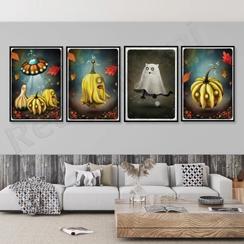 Ужасни илюстрации с жълта тиква, красиви котки и духове ужасяващи стенни декорации за подаръци за любителите на Хелоуин | dark moody wal