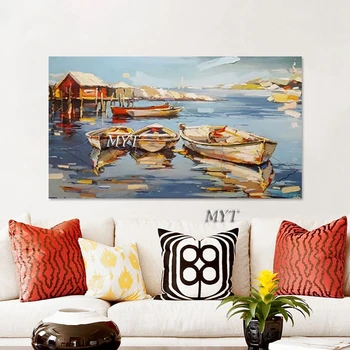 Украса на дома, причаливающее до брега, Абстрактна живопис с маслени бои върху лодката, висококачествено модерно платно за интериора