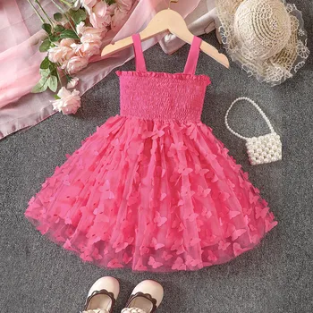 Фатиновое рокля с 3D пеперуда за малки момичета, однотонное принцеса рокля без ръкави, сетчатое рокля-пакетче денс-партита, Летни детски дрехи