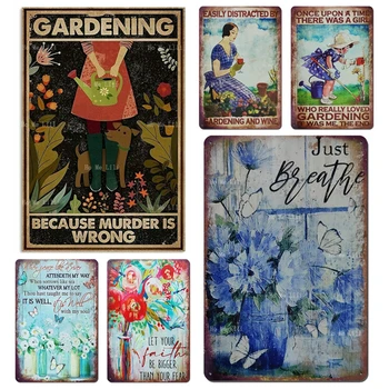 Цветя Винтажное градинарство, защото Убийството е грешно Куче Момиче Метална табела Артистична декорация на стени